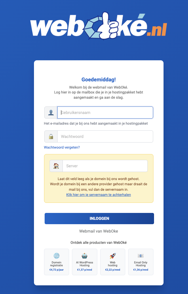 Οθόνη σύνδεσης WebOké Webmail