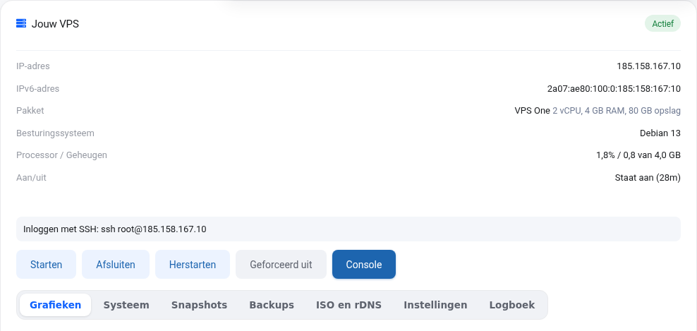 VPS-skärmen med raden Logga in med SSH